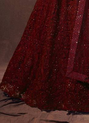 Maroon thread embroidery net semi stitched party lehenga 4