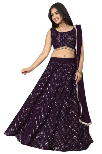 Wine thread and sequins embroidered faux georgette lehenga choli