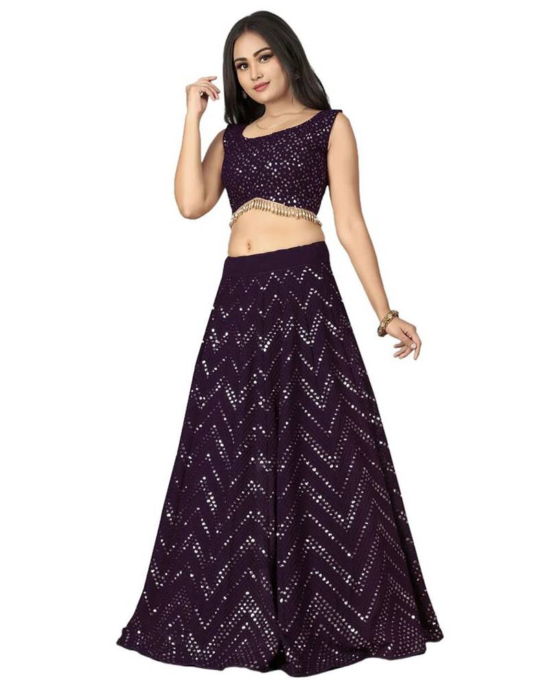 Wine thread and sequins embroidered faux georgette lehenga choli