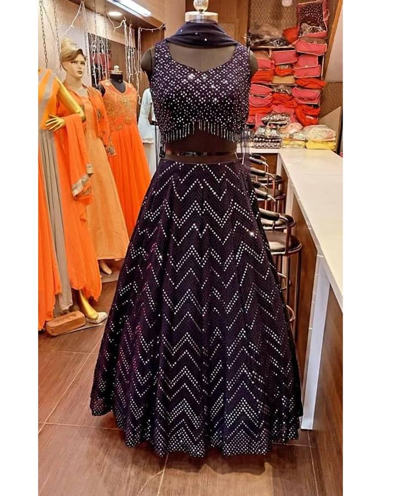 Wine thread and sequins embroidered faux georgette lehenga choli