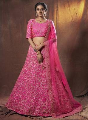 Pink embroidered art silk semi stitched lehenga 1