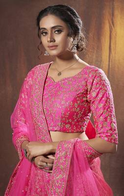 Pink embroidered art silk semi stitched lehenga 2