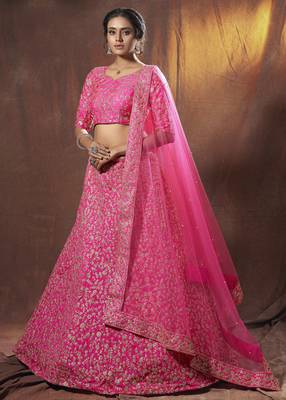 Pink embroidered art silk semi stitched lehenga 3