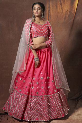 Pink Zari and Dori embroidered Malai Satin Silk Fabric Indian Dress Wedding Lehenga Designs