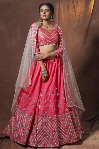 Pink Zari and Dori embroidered Malai Satin Silk Fabric Indian Dress Wedding Lehenga Designs