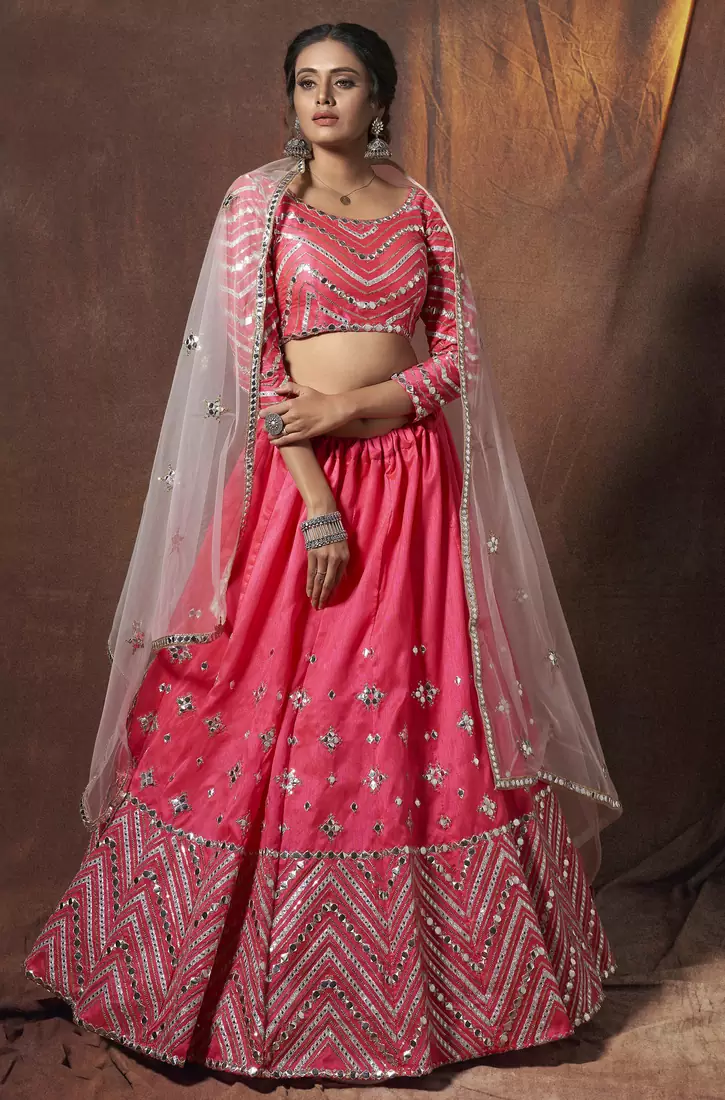 Pink Zari and Dori embroidered Malai Satin Silk Fabric Indian Dress Wedding Lehenga Designs