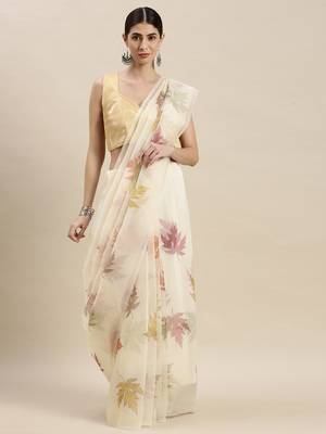 Kimisha Women'S Cream Organza Floral Printed Saree With Unstitched Blouse 1
