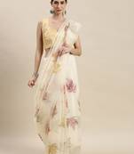 Kimisha Women'S Cream Organza Floral Printed Saree With Unstitched Blouse