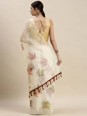 Kimisha Women'S Cream Organza Floral Printed Saree With Unstitched Blouse 2