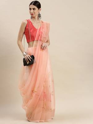 Women'S Peach Orange Organza Floral Printed Saree With Unstitched Blouse 1