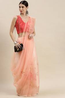 Women'S Peach Orange Organza Floral Printed Saree With Unstitched Blouse