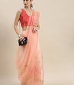 Women'S Peach Orange Organza Floral Printed Saree With Unstitched Blouse