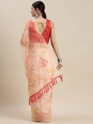 Women'S Peach Orange Organza Floral Printed Saree With Unstitched Blouse 2
