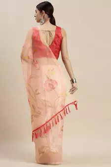 Women'S Peach Orange Organza Floral Printed Saree With Unstitched Blouse