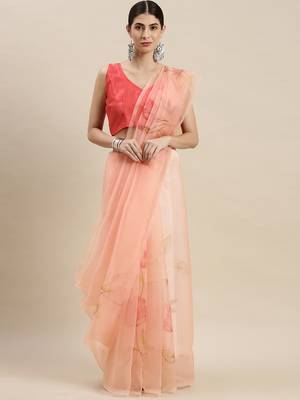 Women'S Peach Orange Organza Floral Printed Saree With Unstitched Blouse 3
