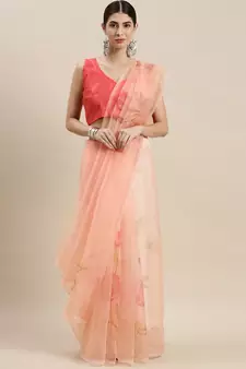 Women'S Peach Orange Organza Floral Printed Saree With Unstitched Blouse