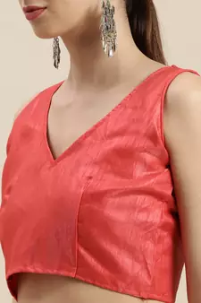 Women'S Peach Orange Organza Floral Printed Saree With Unstitched Blouse