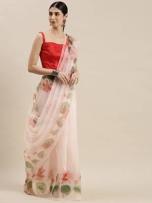 Kimisha Women's Off-White Organza Floral Printed Saree With Unstitched Blouse 1