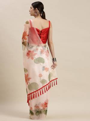 Kimisha Women's Off-White Organza Floral Printed Saree With Unstitched Blouse 2