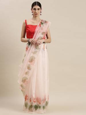 Kimisha Women's Off-White Organza Floral Printed Saree With Unstitched Blouse 3