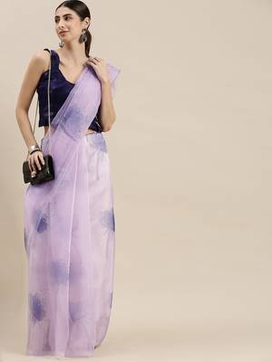 Kimisha Women'S Lavender Organza Floral Printed Saree With Unstitched Blouse 1