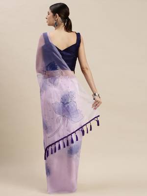 Kimisha Women'S Lavender Organza Floral Printed Saree With Unstitched Blouse 2