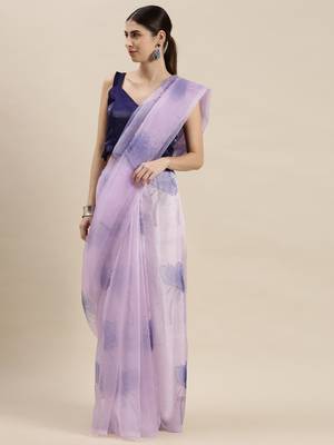 Kimisha Women'S Lavender Organza Floral Printed Saree With Unstitched Blouse 3