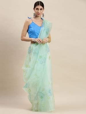 Kimisha Women'S Sea Green Organza Floral Printed Saree With Unstitched Blouse 1