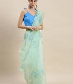 Kimisha Women'S Sea Green Organza Floral Printed Saree With Unstitched Blouse