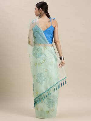 Kimisha Women'S Sea Green Organza Floral Printed Saree With Unstitched Blouse 2