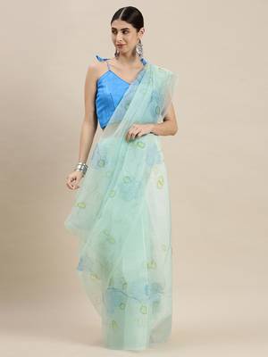 Kimisha Women'S Sea Green Organza Floral Printed Saree With Unstitched Blouse 3