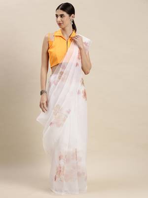Kimisha Women'S White Organza Floral Printed Saree With Unstitched Blouse 1