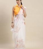 Kimisha Women'S White Organza Floral Printed Saree With Unstitched Blouse