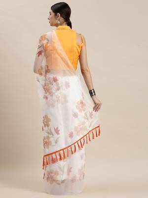 Kimisha Women'S White Organza Floral Printed Saree With Unstitched Blouse 2