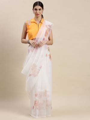 Kimisha Women'S White Organza Floral Printed Saree With Unstitched Blouse 3