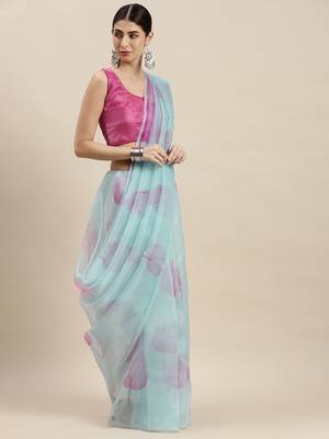 Kimisha Women'S Sky Blue Organza Floral Printed Saree With Unstitched Blouse 1