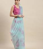 Kimisha Women'S Sky Blue Organza Floral Printed Saree With Unstitched Blouse