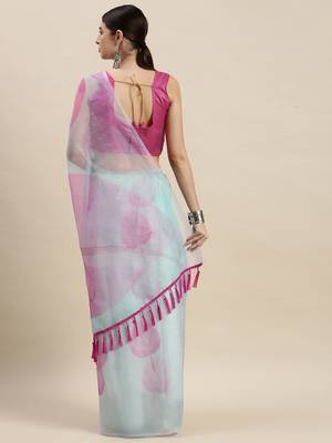 Kimisha Women'S Sky Blue Organza Floral Printed Saree With Unstitched Blouse 2