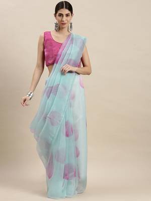 Kimisha Women'S Sky Blue Organza Floral Printed Saree With Unstitched Blouse 3