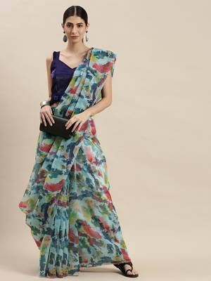 Women'S Multicolor Organza Printed Saree With Unstitched Blouse 1