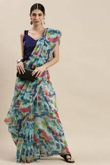 Women'S Multicolor Organza Printed Saree With Unstitched Blouse