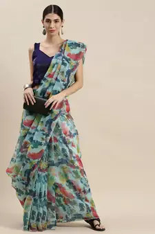 Women'S Multicolor Organza Printed Saree With Unstitched Blouse