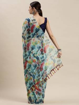 Women'S Multicolor Organza Printed Saree With Unstitched Blouse 2