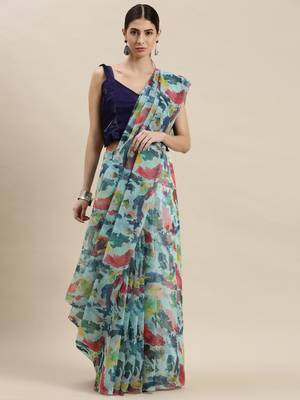 Women'S Multicolor Organza Printed Saree With Unstitched Blouse 3