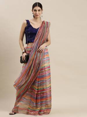 Multicolor Organza Printed Saree With Unstitched Blouse 1