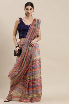 Multicolor Organza Printed Saree With Unstitched Blouse