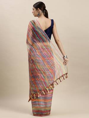 Multicolor Organza Printed Saree With Unstitched Blouse 2