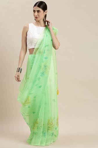 Multicolor Organza Printed Saree With Unstitched Blouse