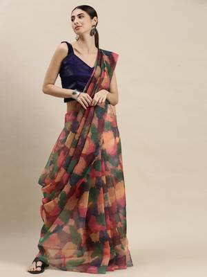 Kimisha Women'S Multicolor Organza Printed Saree With Unstitched Blouse 1