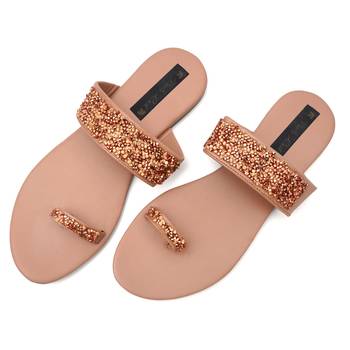 Peach Swarovski Women Vegan Leather Flat Slipper for women 2